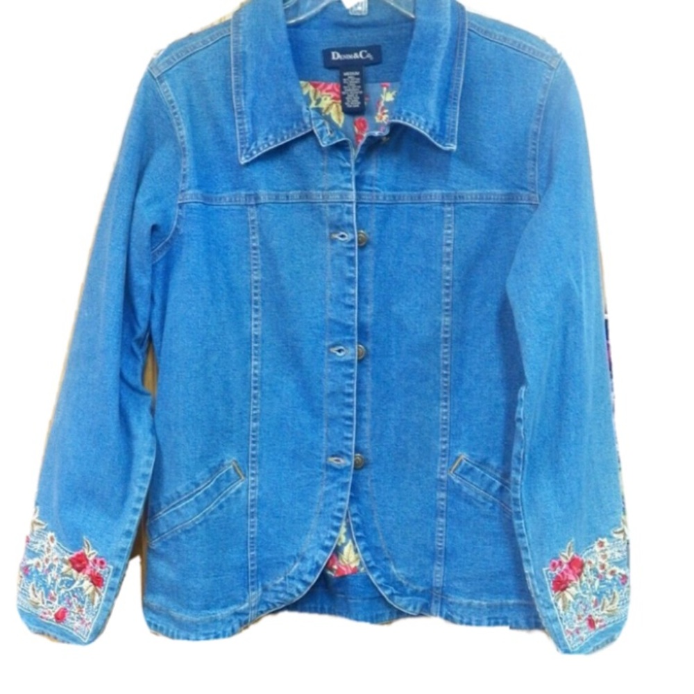 Denim and Co. | floral button-down embroidered jean denim jacket